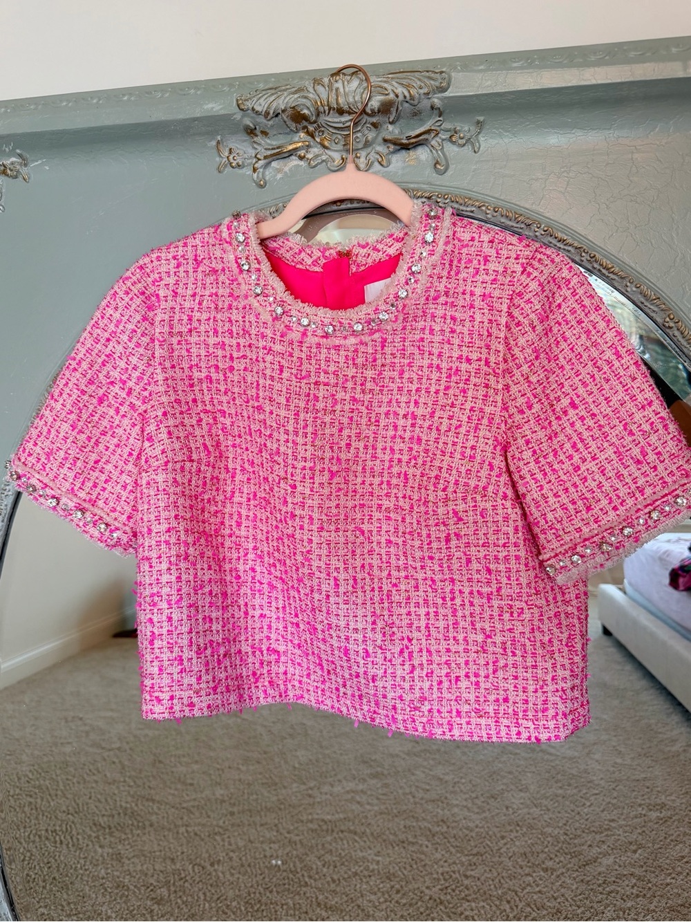 Lilly Pulitzer "Folie" cropped top in "Pink Palms Fantasy Boucle"